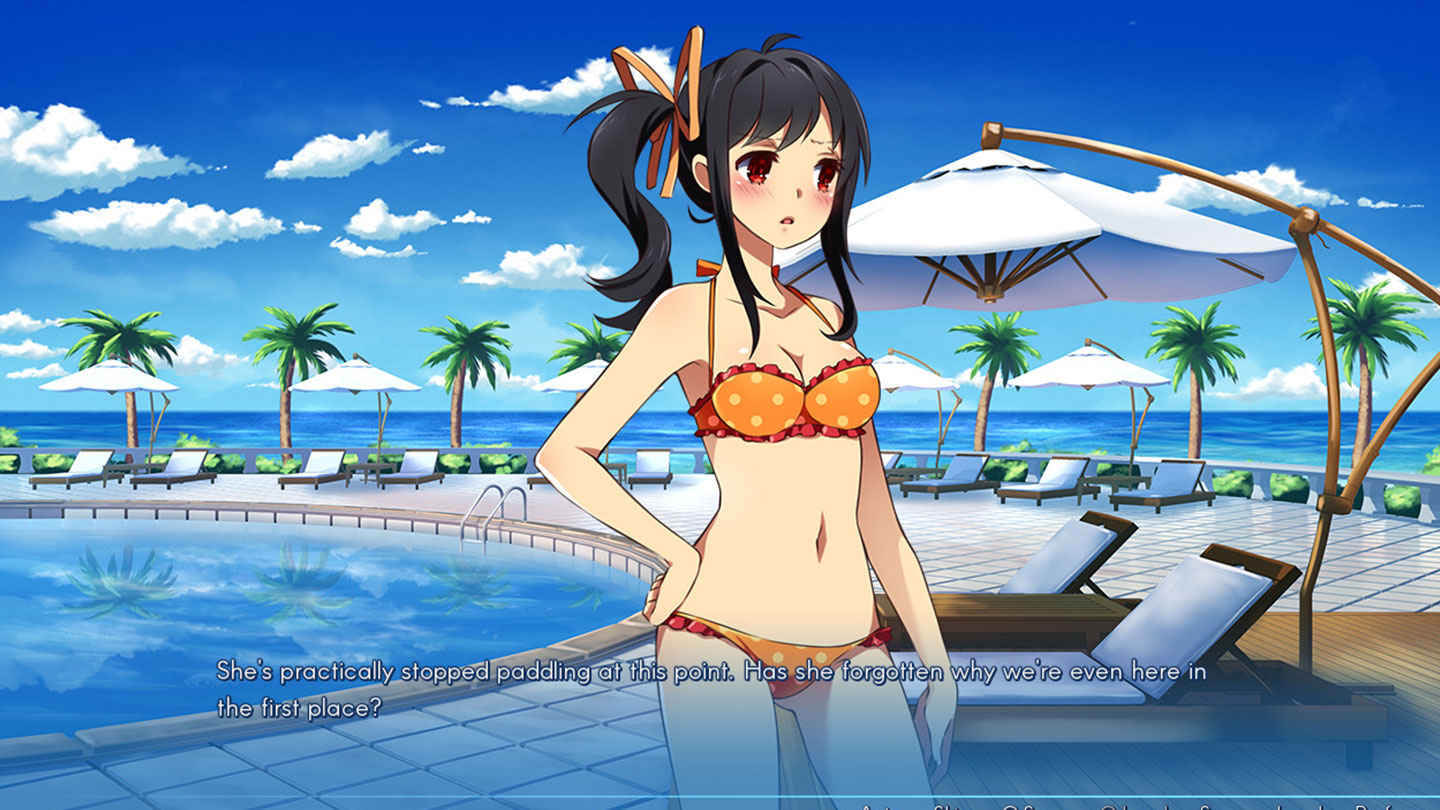Sakura Beach screenshot of Momoko teasing Seiji on the sand